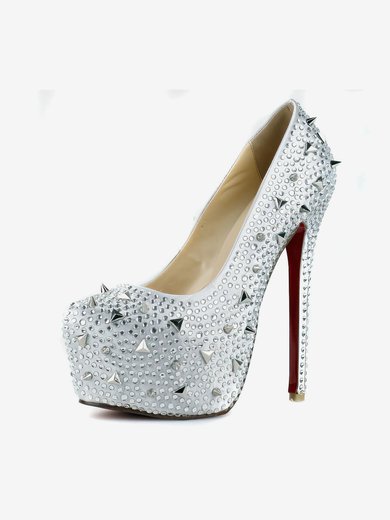 Women's Silver Satin Pumps/Closed Toe/Platform with Crystal Heel/Crystal #Milly03030242