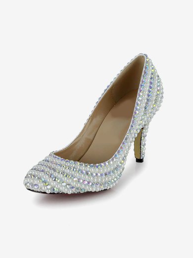 Women's White Patent Leather Pumps/Closed Toe with Imitation Pearl/Crystal/Crystal Heel #Milly03030255