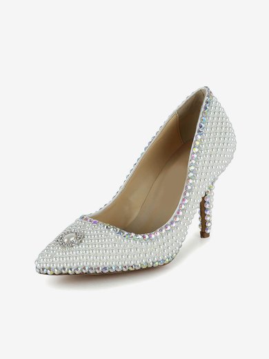 Women's White Patent Leather Closed Toe/Pumps with Crystal/Pearl #Milly03030258