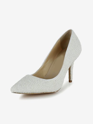 Women's White Patent Leather Pumps/Closed Toe with Pearl #Milly03030259