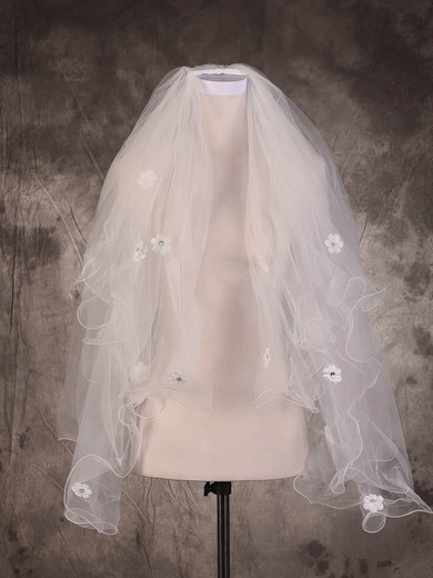 Two-tier Ivory Fingertip Bridal Veils with Rhinestones/Satin Flower #Milly03010072