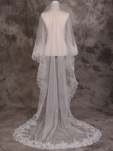 One-tier Ivory Cathedral Bridal Veils with Lace #Milly03010076
