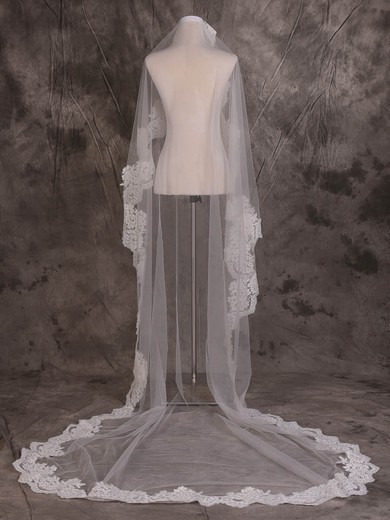 One-tier Ivory Cathedral Bridal Veils with Lace #Milly03010080