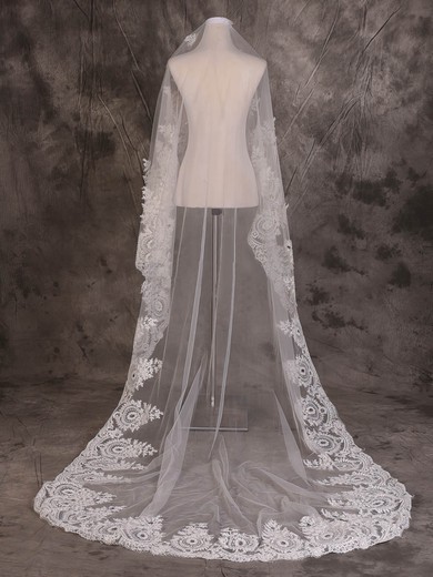 One-tier Ivory Chapel Bridal Veils with Applique #Milly03010085