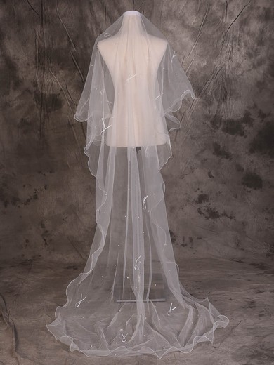 One-tier Ivory Chapel Bridal Veils with Beading/Satin Bow #Milly03010086