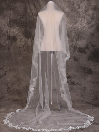 One-tier Ivory Chapel Bridal Veils with Applique #Milly03010087