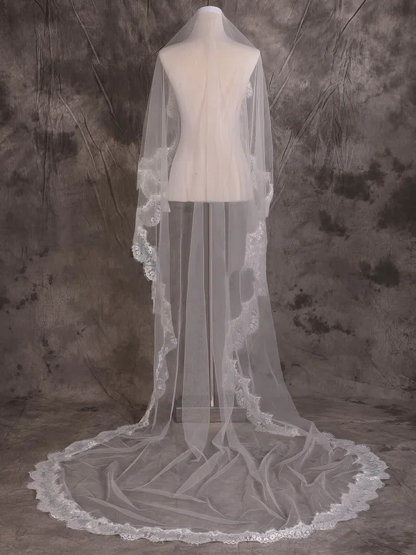 One-tier Ivory Chapel Bridal Veils with Applique #Milly03010088