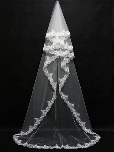 Three-tier Ivory Chapel Bridal Veils with Beading #Milly03010092