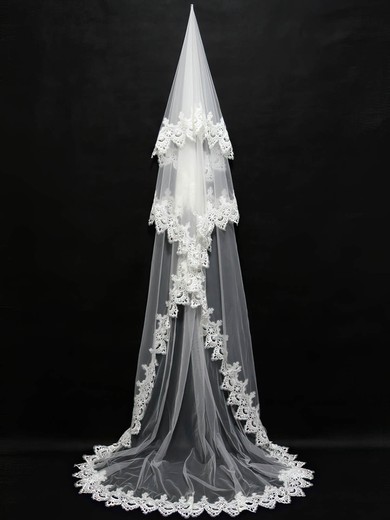 Three-tier Ivory Chapel Bridal Veils with Applique #Milly03010093