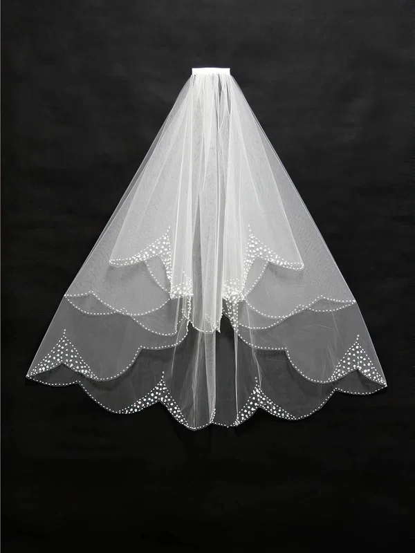 Three-tier Ivory Elbow Bridal Veils with Beading #Milly03010097