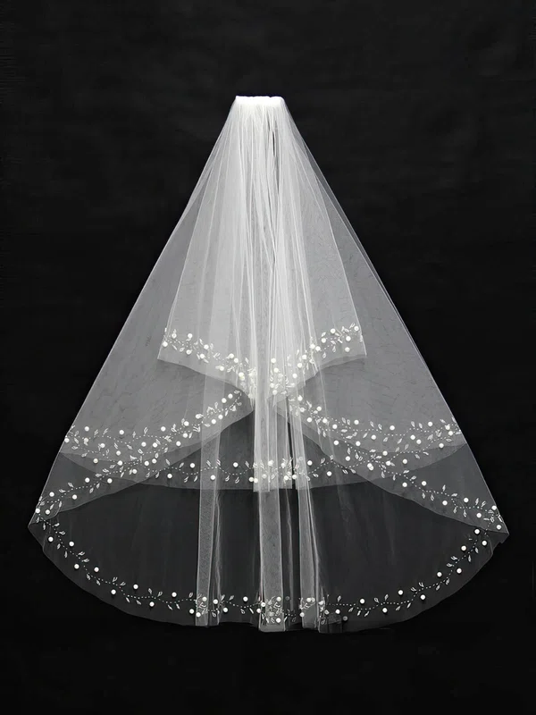 Two-tier White/Ivory Elbow Bridal Veils with Beading/Faux Pearl #Milly03010102