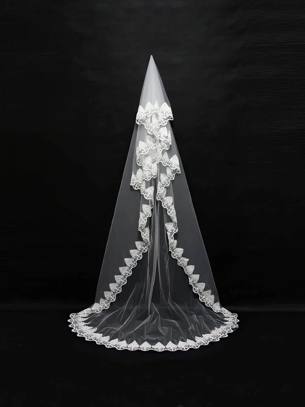One-tier White/Ivory Chapel Bridal Veils with Beading #Milly03010120