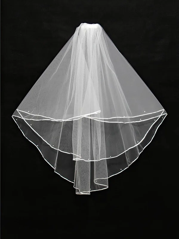 Two-tier White/Ivory Elbow Bridal Veils with Ribbon/Faux Pearl #Milly03010130