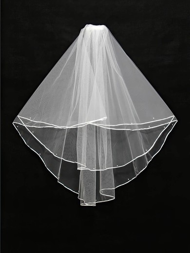 Two-tier White/Ivory Elbow Bridal Veils with Ribbon/Faux Pearl #Milly03010130