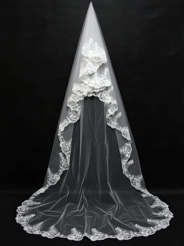 Two-tier White Chapel Bridal Veils with Embroidery #Milly03010142