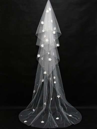 Four-tier White Chapel Bridal Veils with Satin Flower/Faux Pearl #Milly03010146