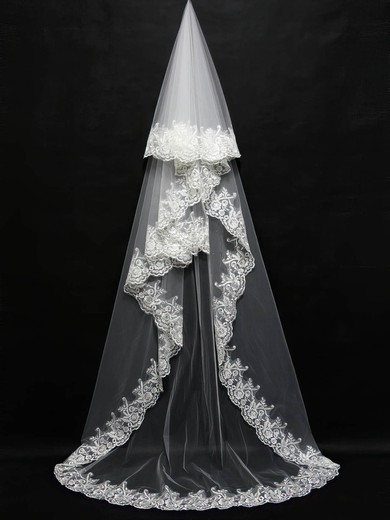 Three-tier White/Ivory Chapel Bridal Veils with Embroidery #Milly03010151