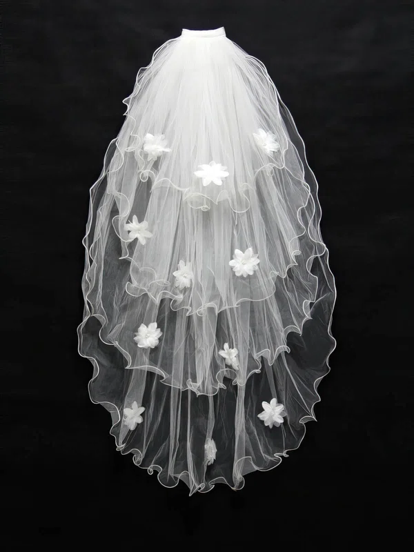 Four-tier White/Ivory Fingertip Bridal Veils with Faux Pearl/Satin Flower/Bone Binding #Milly03010160
