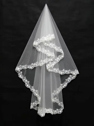 Three-tier White/Ivory Fingertip Bridal Veils with Embroidery #Milly03010163