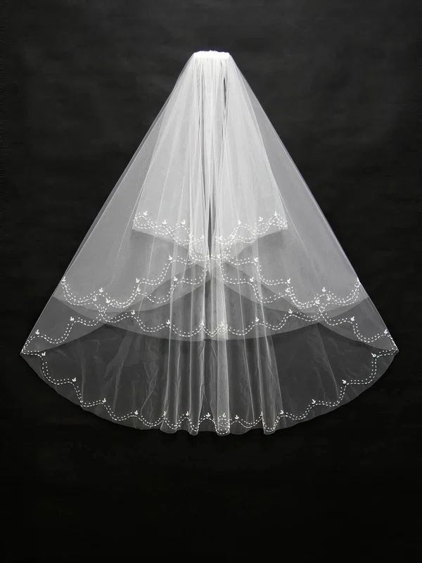 Three-tier White/Ivory Fingertip Bridal Veils with Beading #Milly03010168