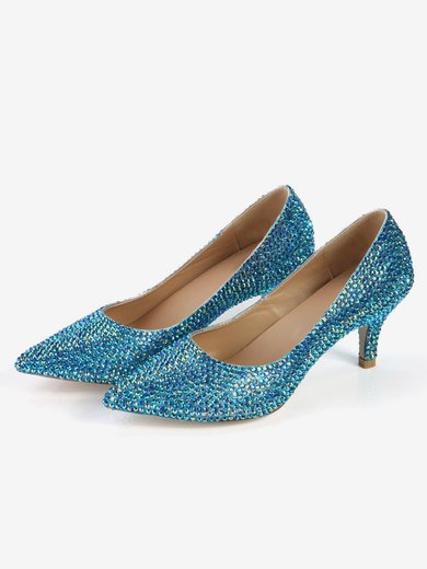 Women's Blue Real Leather Pumps with Crystal #Milly03030360