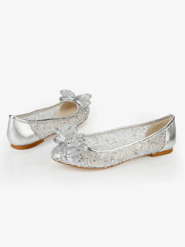 Women's Silver Real Leather Flats with Bowknot/Sequin #Milly03030383