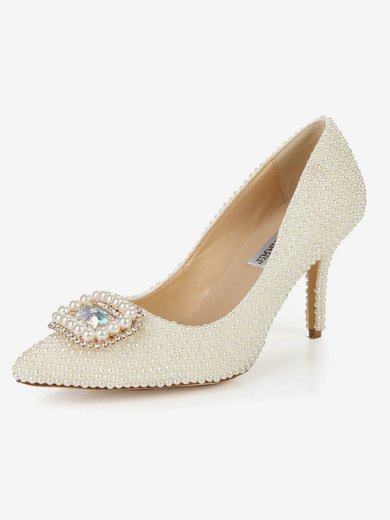 Women's Ivory Patent Leather Pumps with Rhinestone/Imitation Pearl #Milly03030397