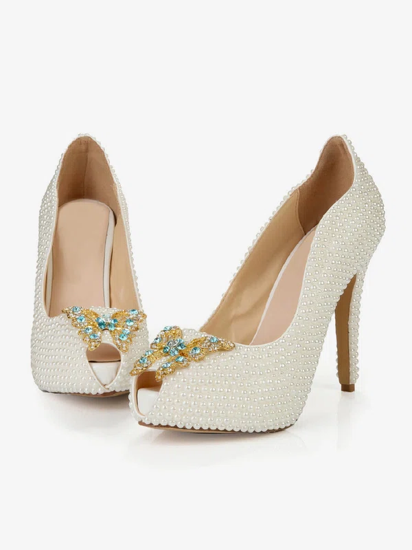 Women's Ivory Patent Leather Pumps with Rhinestone/Pearl #Milly03030398