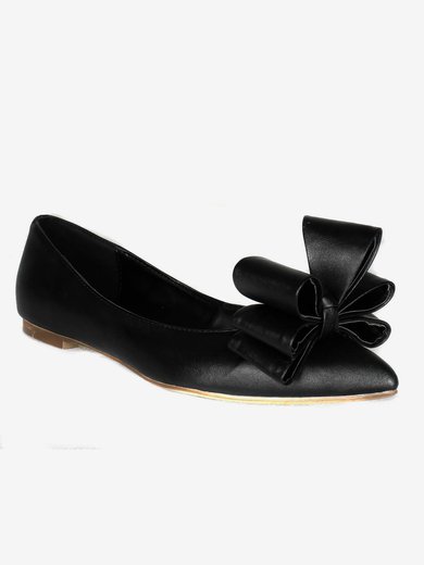 Women's Black Real Leather Flats with Bowknot #Milly03030414