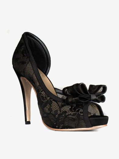 Women's Black Lace Peep Toe with Bowknot #Milly03030419