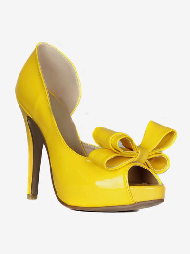 Women's Yellow Patent Leather Pumps with Bowknot #Milly03030420