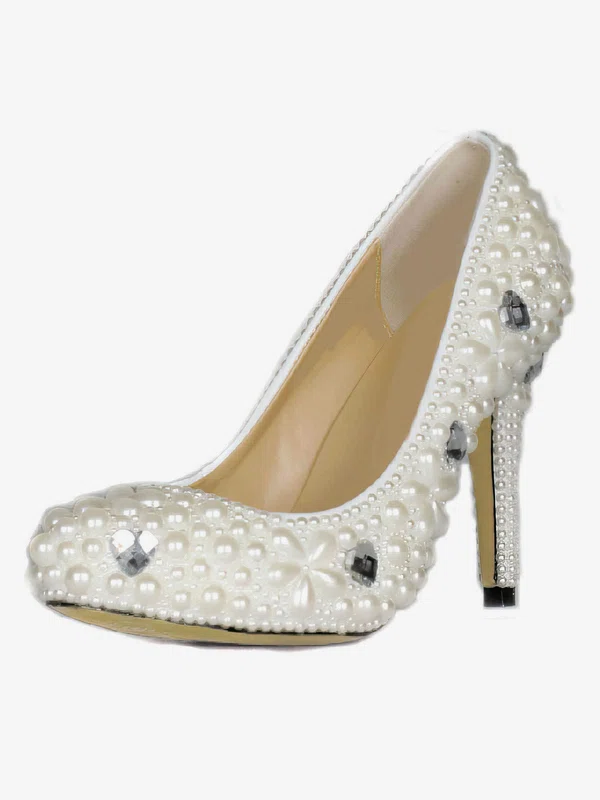 Women's Ivory Patent Leather Pumps with Rhinestone/Crystal Heel/Pearl #Milly03030423