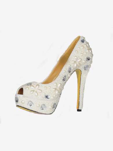 Women's Ivory Patent Leather Pumps with Crystal Heel/Pearl #Milly03030424