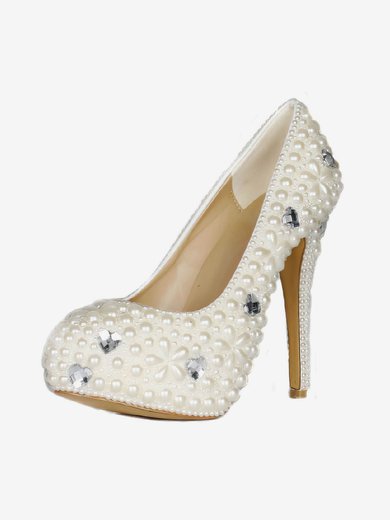 Women's Ivory Patent Leather Pumps with Rhinestone/Pearl #Milly03030425