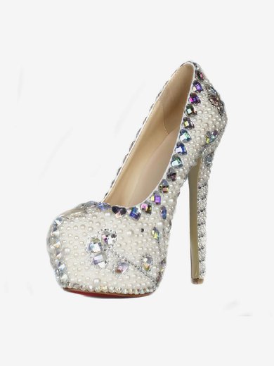 Women's Ivory Patent Leather Pumps with Crystal/Crystal Heel/Pearl #Milly03030426