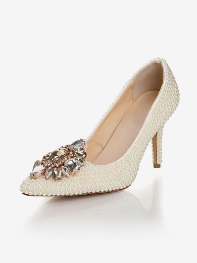 Women's Ivory Patent Leather Pumps with Rhinestone/Pearl #Milly03030441