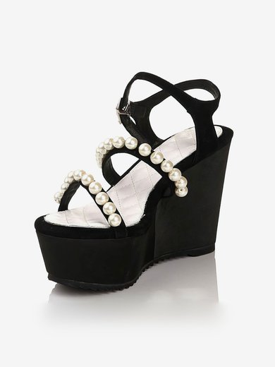 Women's Black Velvet Sandals with Buckle/Imitation Pearl #Milly03030463