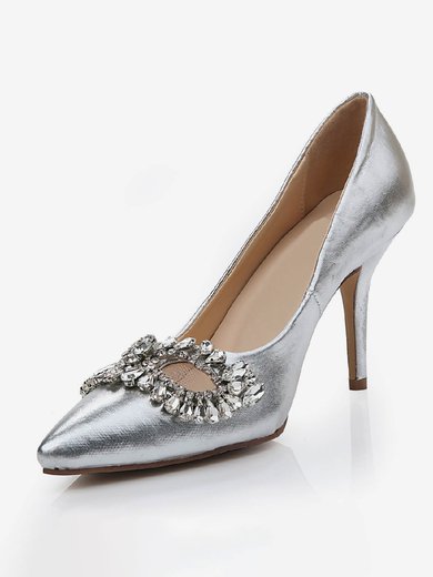 Women's Silver Real Leather Pumps with Rhinestone/Hollow-out #Milly03030468