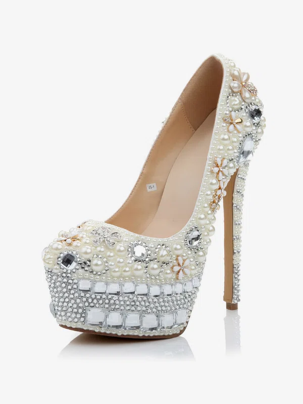 Women's White Patent Leather Pumps with Crystal/Crystal Heel/Pearl #Milly03030473