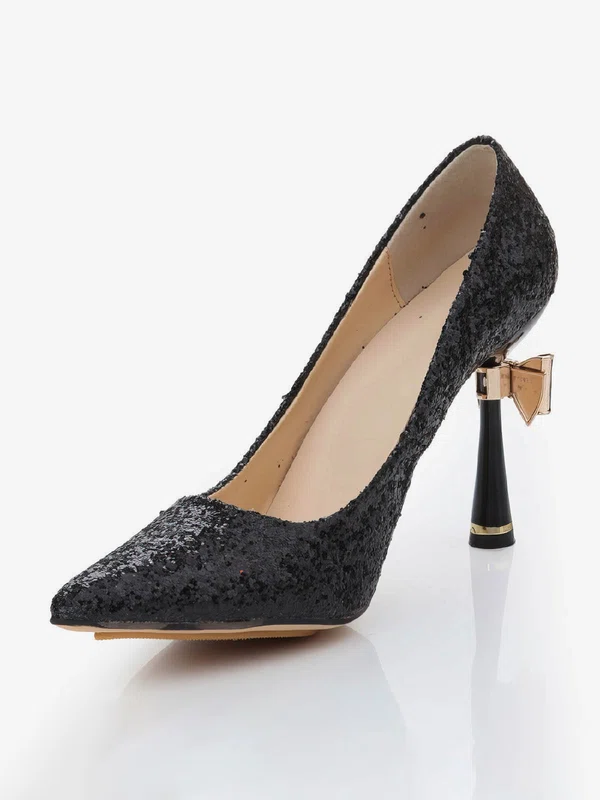Women's Black Sparkling Glitter Pumps with Bowknot/Sparkling Glitter #Milly03030478