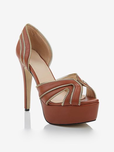 Women's Brown Real Leather Pumps with Zipper #Milly03030481