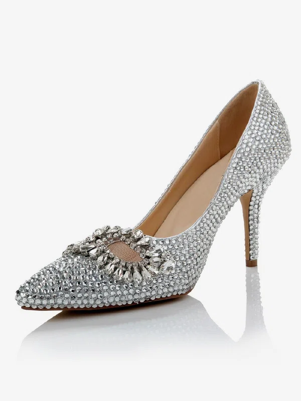 Women's Silver Real Leather Pumps with Crystal/Crystal Heel #Milly03030487