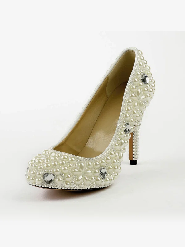 Women's Ivory Patent Leather Pumps with Rhinestone/Imitation Pearl #Milly03030495