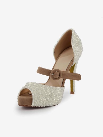 Women's Ivory Suede Pumps with Buckle/Imitation Pearl #Milly03030499
