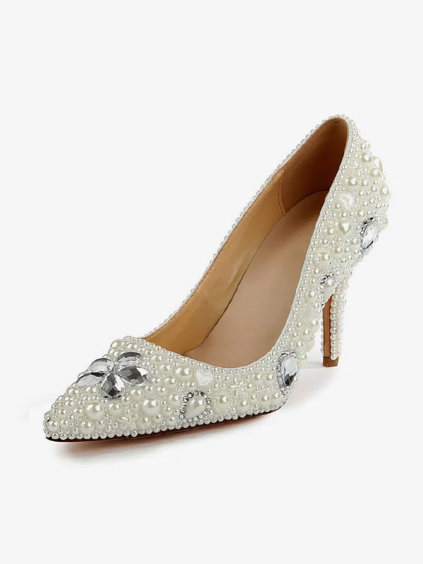 Women's Ivory Patent Leather Pumps with Rhinestone/Imitation Pearl #Milly03030501