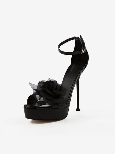 Women's Black Real Leather Pumps with Buckle/Flower #Milly03030504