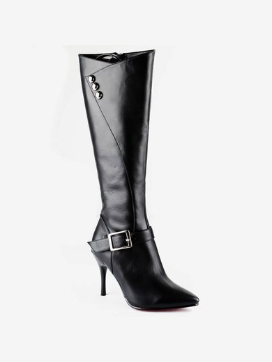 Women's Black Real Leather Knee High Boots with Buckle #Milly03030511