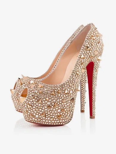 Women's Champagne Satin Pumps with Crystal/Crystal Heel/Rivet #Milly03030519