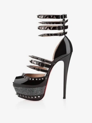 Women's Black Patent Leather Pumps with Buckle/Hollow-out/Ankle Strap/Rivet #Milly03030540