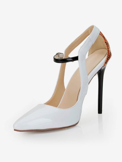 Women's White Patent Leather Pumps with Buckle/Hollow-out/Split Joint/Animal Print #Milly03030549